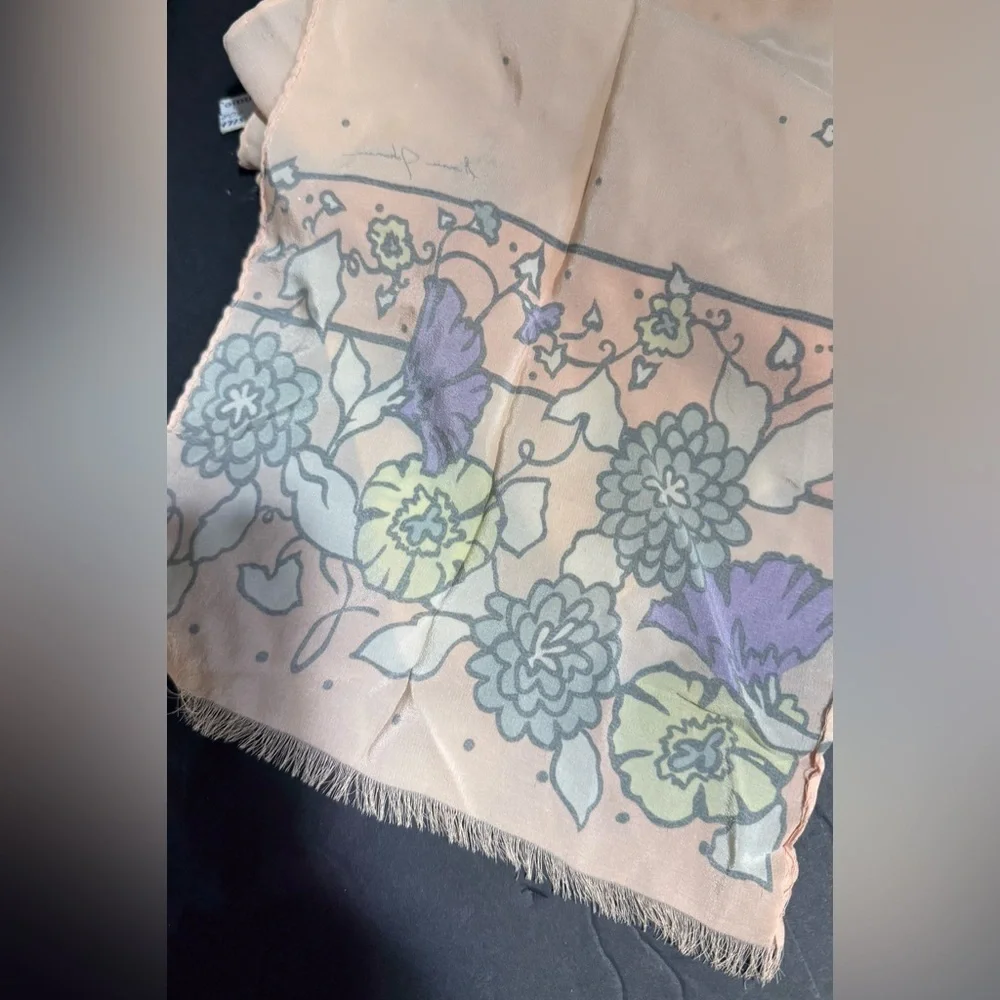 100% silk Vintage Ginnie Johansen peach floral design scarf